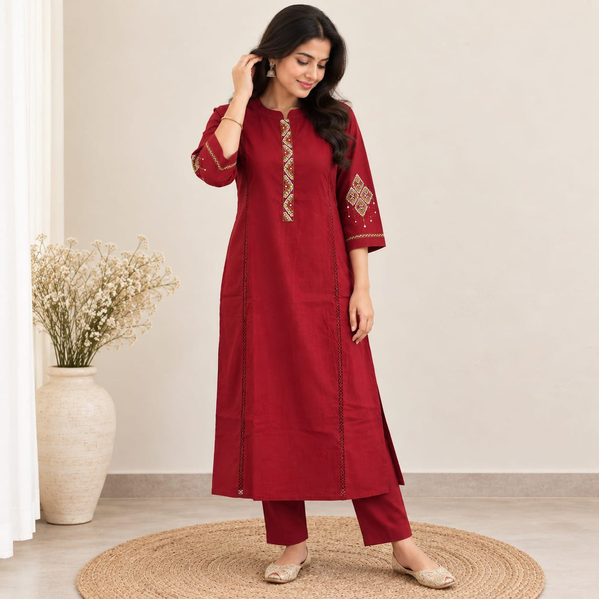 Maroon Embroidered Cotton Co-Ord Set