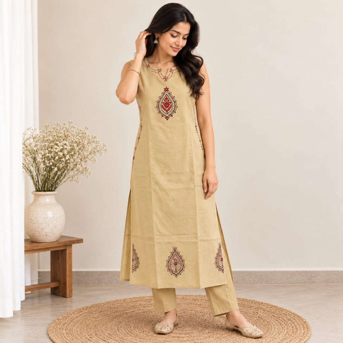 Beige Embroidered Cotton Co-Ord Set