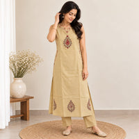 Beige Embroidered Cotton Co-Ord Set