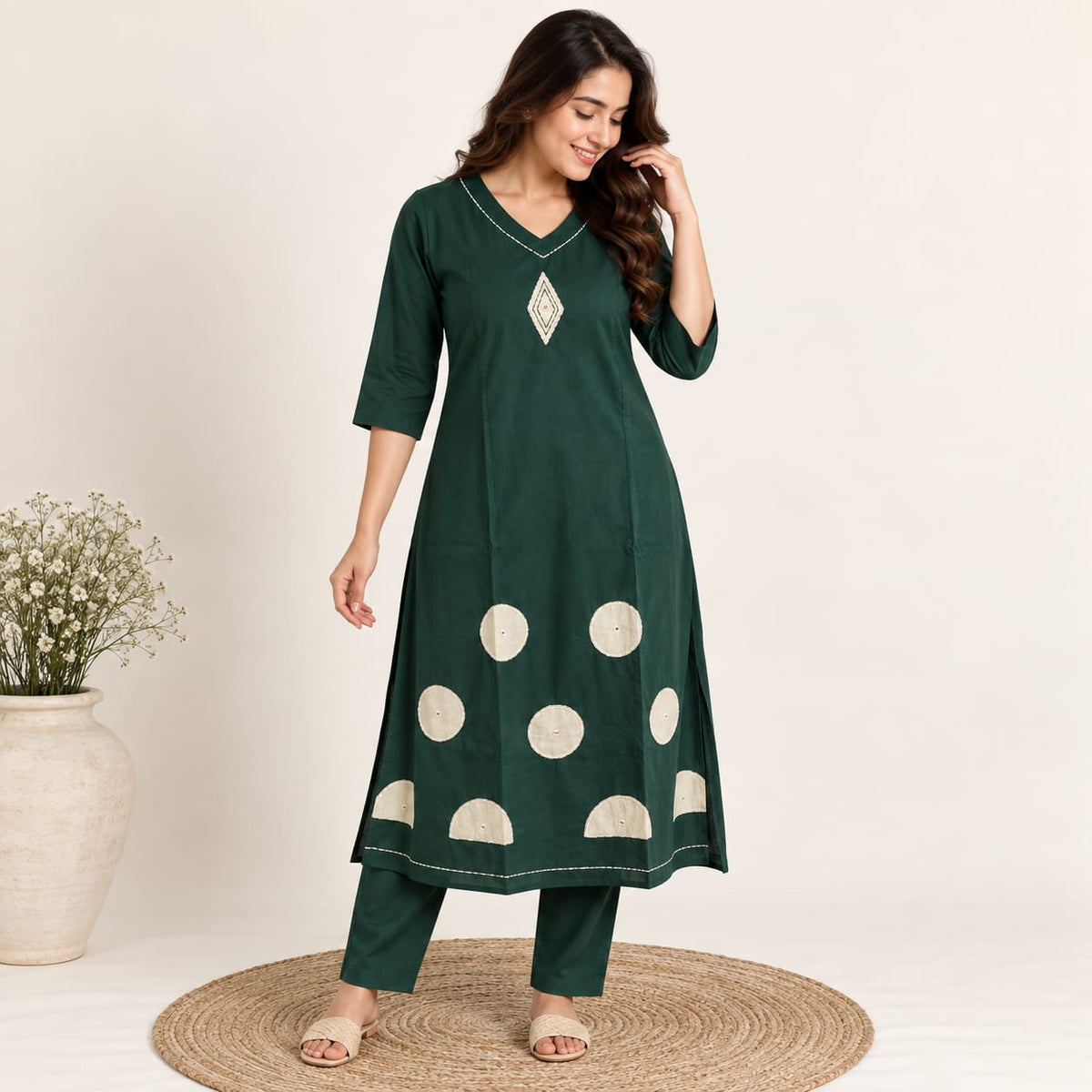 Green Embroidered Cotton Co-Ord Set