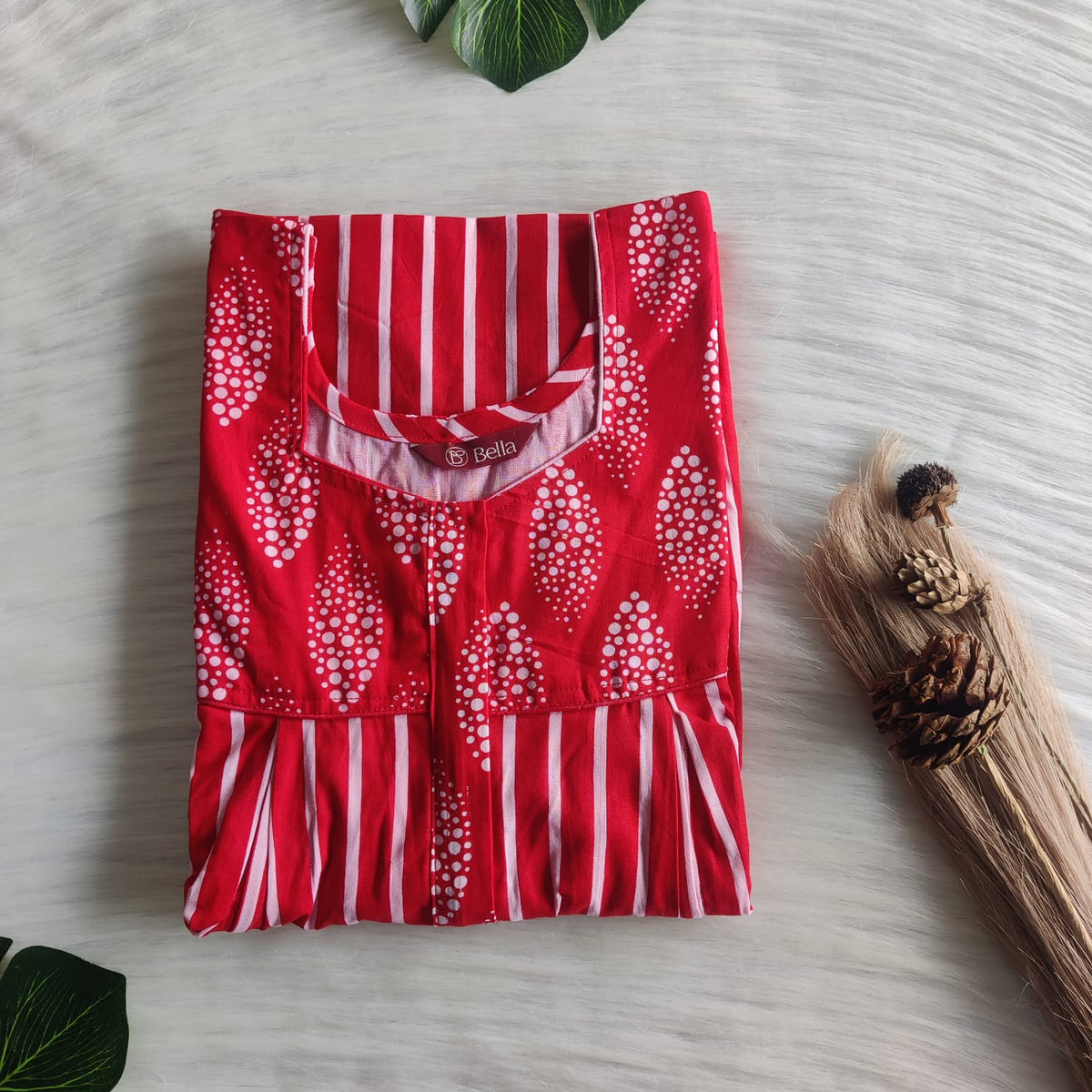 Red And White Stripes Printed Premium Cotton Pleated Vertical Zip Feeding Nighty | Free Size | Chest Width 44″| Length 54″-56″