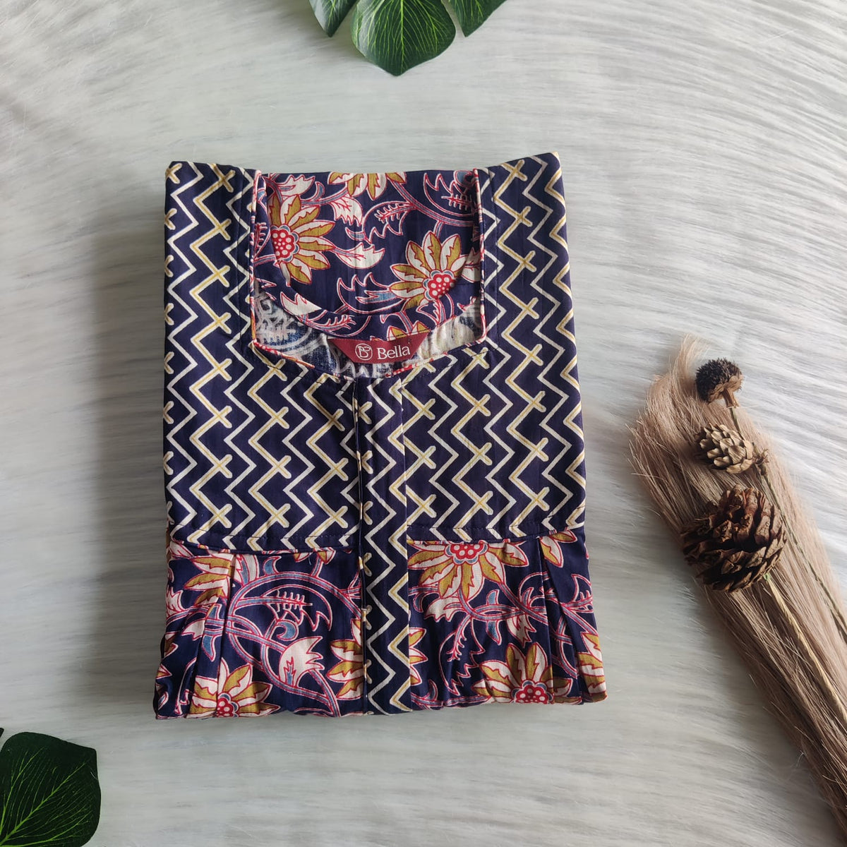 Navy Blue And Yellow Floral Printed Premium Cotton Pleated Vertical Zip Feeding Nighty | Free Size | Chest Width 44″| Length 54″-56″
