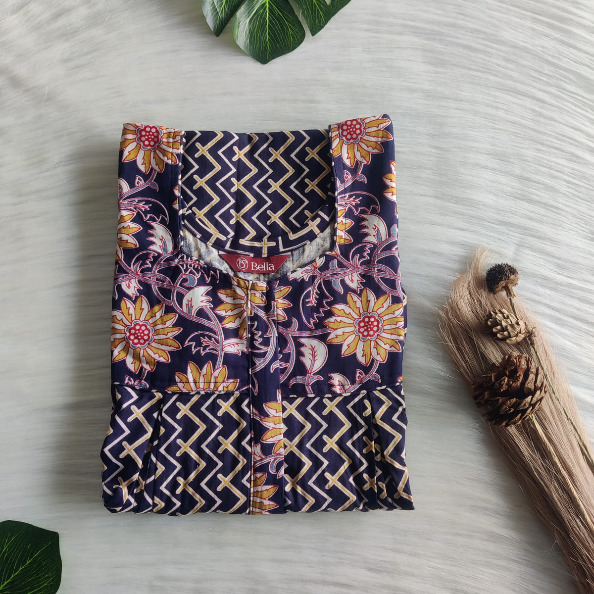Yellow And Navy Blue Printed Premium Cotton Pleated Vertical Zip Feeding Nighty | Free Size | Chest Width 44″| Length 54″-56″