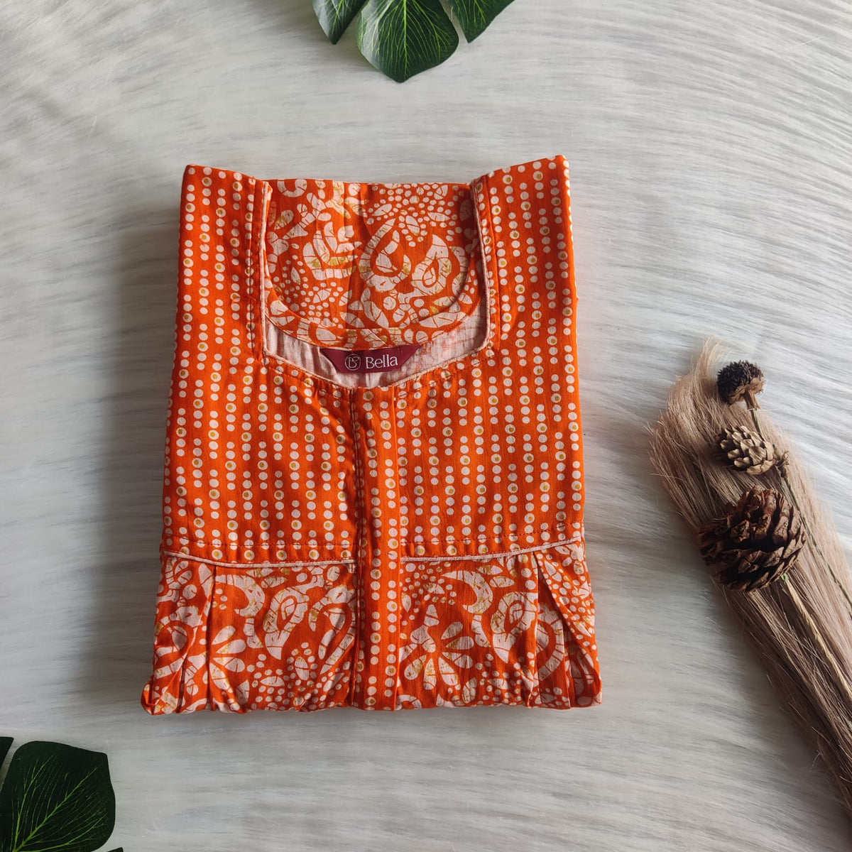 Orange And Cream Floral Printed Premium Cotton Pleated Vertical Zip Feeding Nighty | Free Size | Chest Width 44″| Length 54″-56″