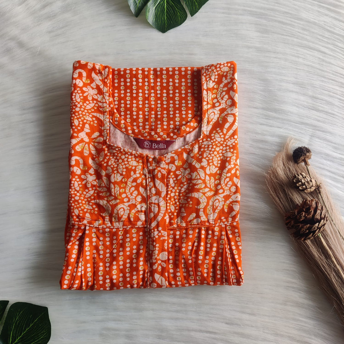 Cream And Orange Printed Premium Cotton Pleated Vertical Zip Feeding Nighty | Free Size | Chest Width 44″| Length 54″-56″