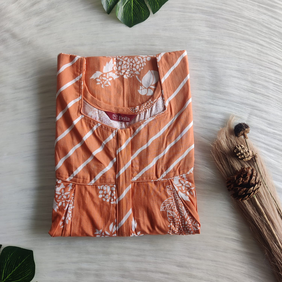 White And Pastel Orange Floral Printed Premium Cotton Pleated Vertical Zip Feeding Nighty | Free Size | Chest Width 44″| Length 54″-56″