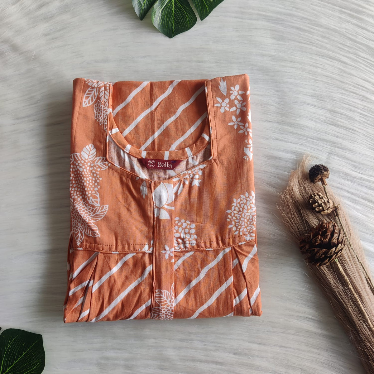 Pastel Orange And White Stripes Printed Premium Cotton Pleated Vertical Zip Feeding Nighty | Free Size | Chest Width 44″| Length 54″-56″