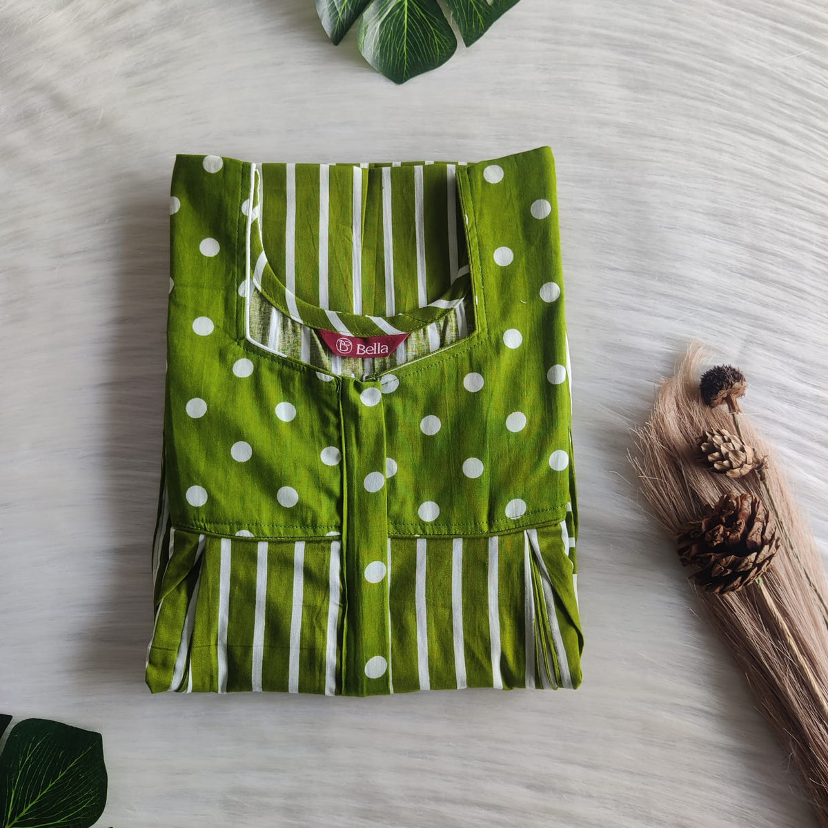 Green And White Stripes Printed Premium Cotton Pleated Vertical Zip Feeding Nighty | Free Size | Chest Width 44″| Length 54″-56″