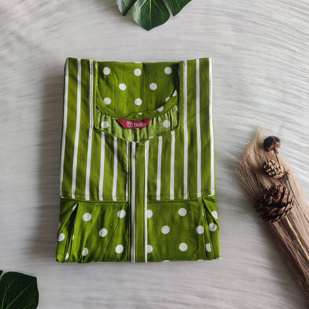 White And Green Dot Printed Premium Cotton Pleated Vertical Zip Feeding Nighty | Free Size | Chest Width 44″| Length 54″-56″