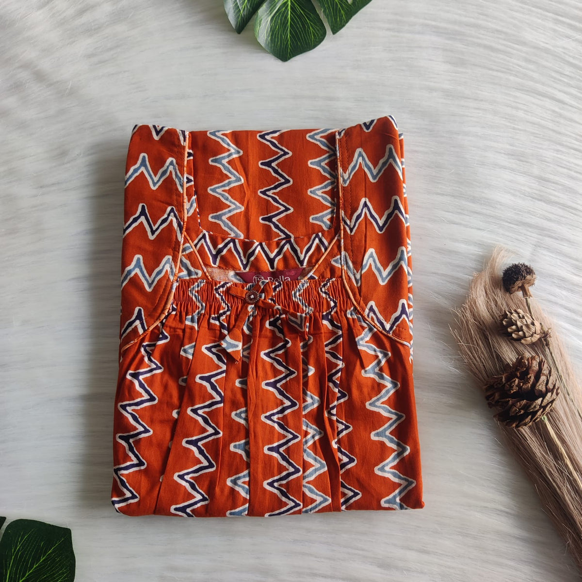 Burned Orange Zig-Zag Printed Premium Cotton Front Elastic Pleated Nighty | Free Size | Chest Width 44″| Length 56″