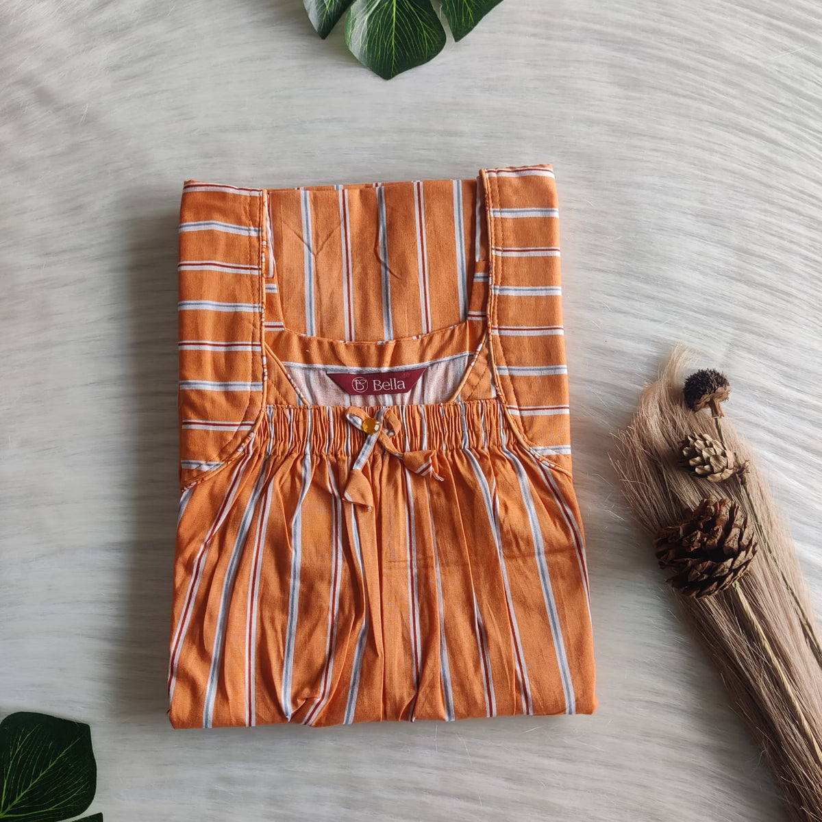 Pastel Orange Printed Premium Cotton Front Elastic Pleated Nighty | Free Size | Chest Width 44″| Length 56″