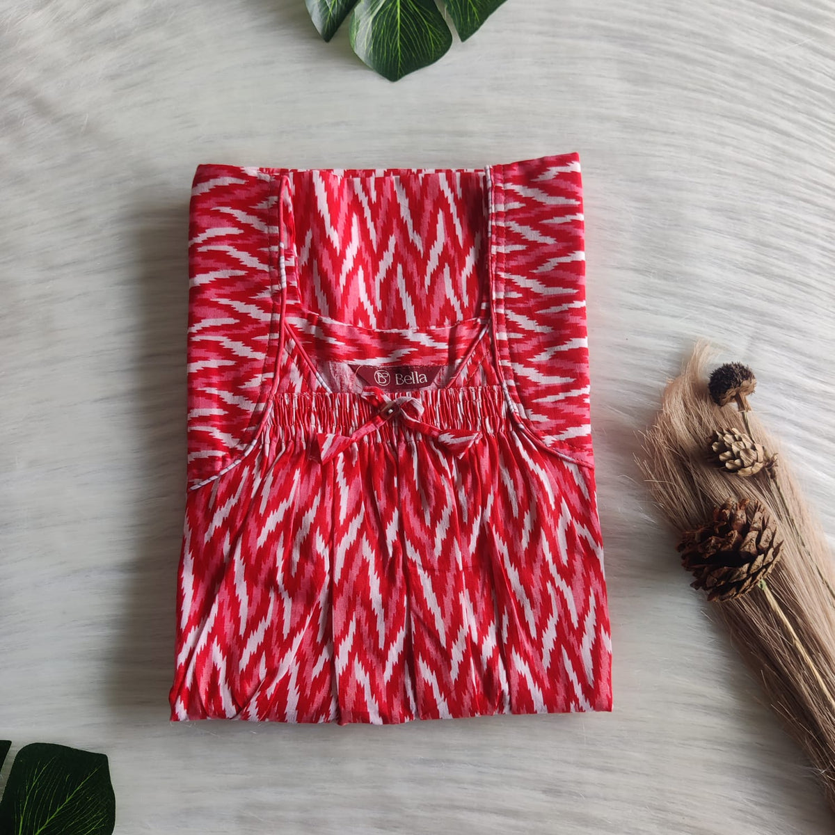 Red Zig-Zag Printed Premium Cotton Front Elastic Pleated Nighty | Free Size | Chest Width 44″| Length 56″