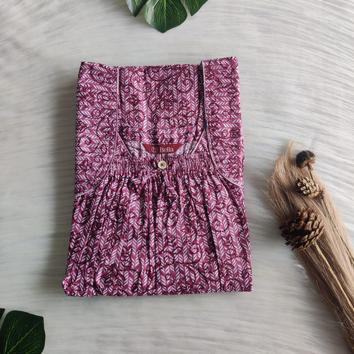 Mauve Printed Premium Cotton Front Elastic Pleated Nighty | Free Size | Chest Width 44″| Length 56″