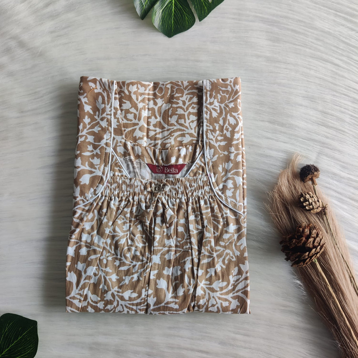 Pastel Brown Floral Printed Premium Cotton Front Elastic Pleated Nighty | Free Size | Chest Width 44″| Length 56″