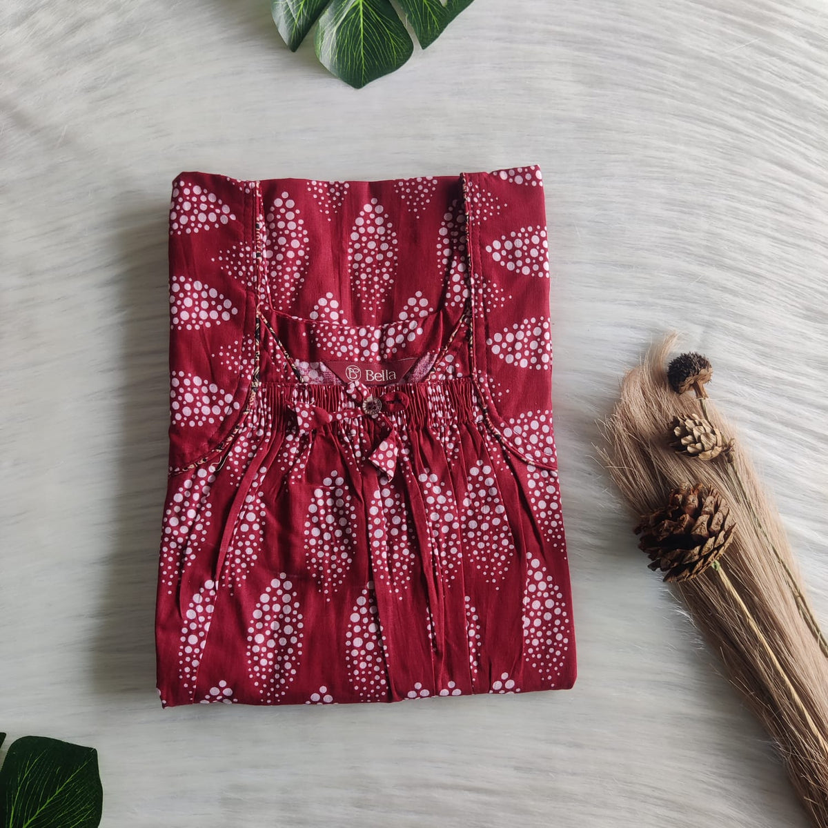 Maroon Printed Premium Cotton Front Elastic Pleated Nighty | Free Size | Chest Width 44″| Length 56″