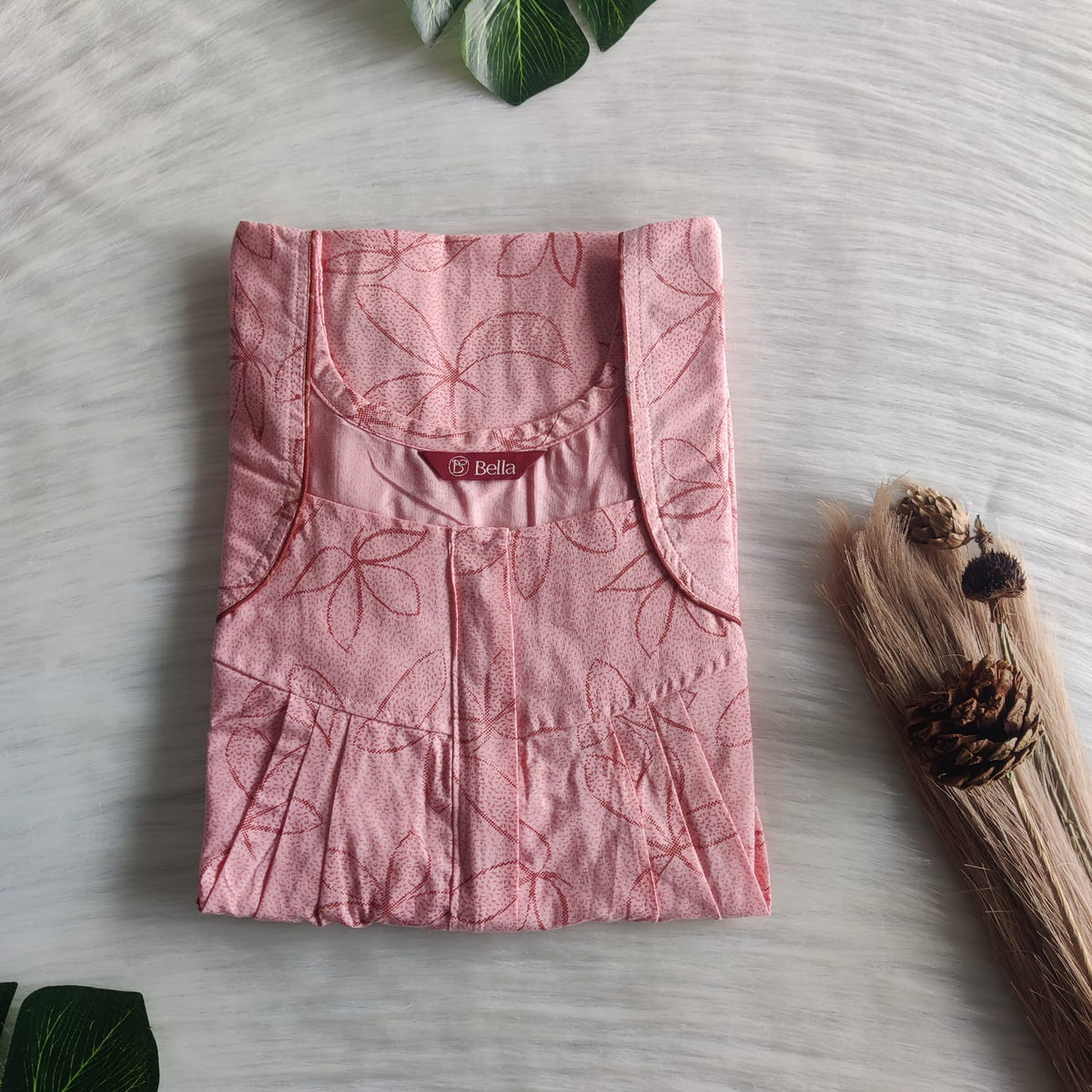 Pastel Peach Printed Pure Cotton Pleated Zip Nighty | Free Size | Chest Width 44″| Length 54″-55″
