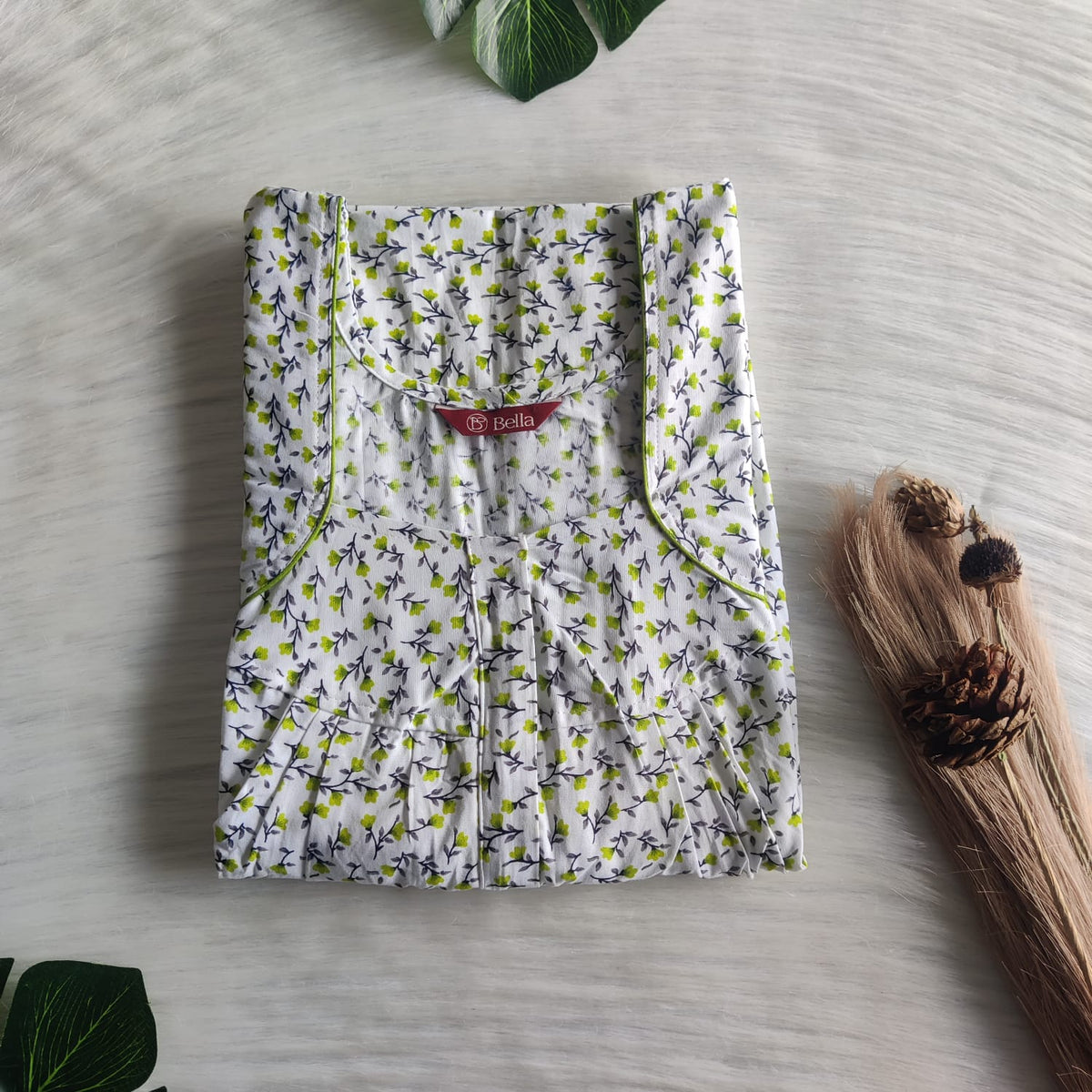 Green Floral Printed White Premium Cotton Pleated Zip Nighty | Free Size | Chest Width 44″| Length 54″-55″