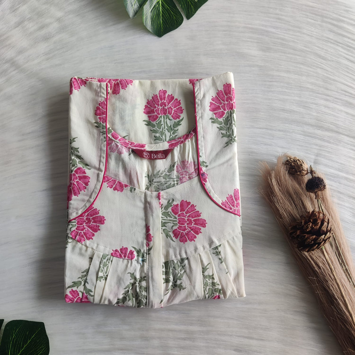 Pink Floral Printed Cream Pure Cotton Pleated Zip Nighty | Free Size | Chest Width 44″| Length 54″-55″