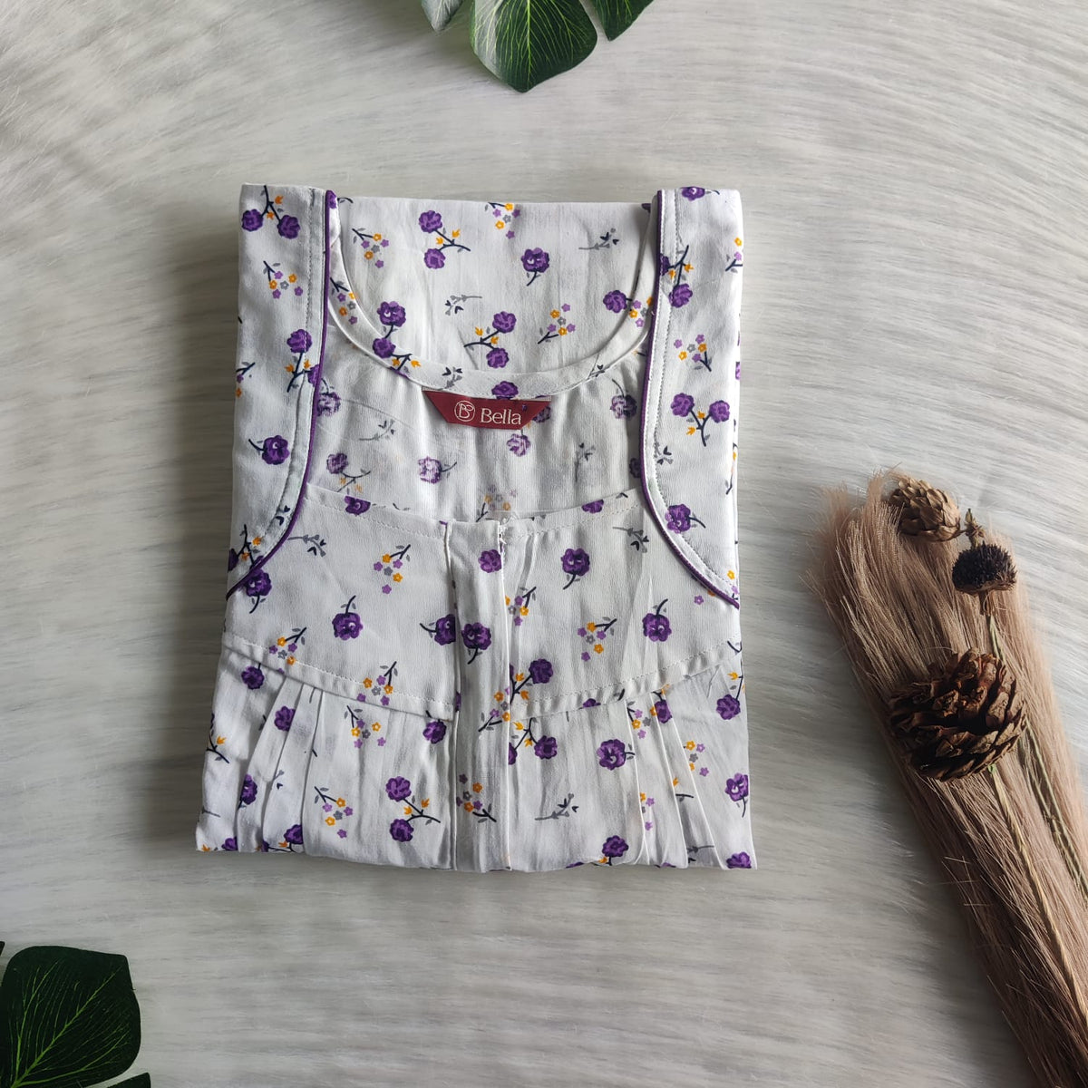 Purple Floral Printed White Premium Cotton Pleated Zip Nighty | Free Size | Chest Width 44″| Length 54″-55″