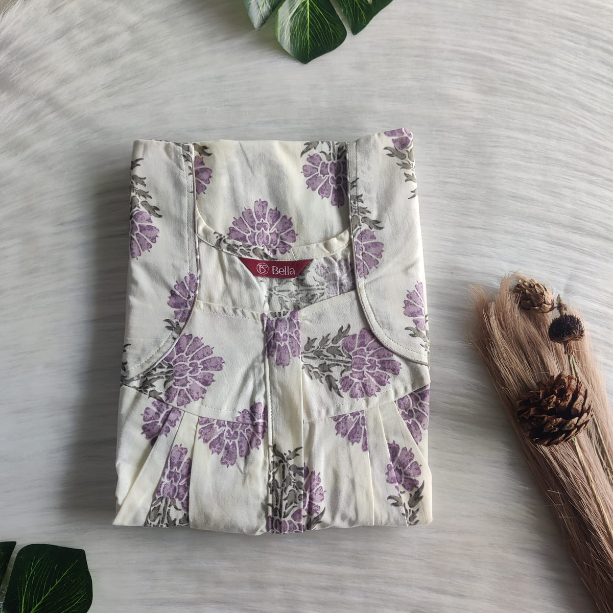 Lavender Floral Printed Cream Pure Cotton Plus Size Pleated Zip Nighty | Chest Width 50″| Length 54″-55″