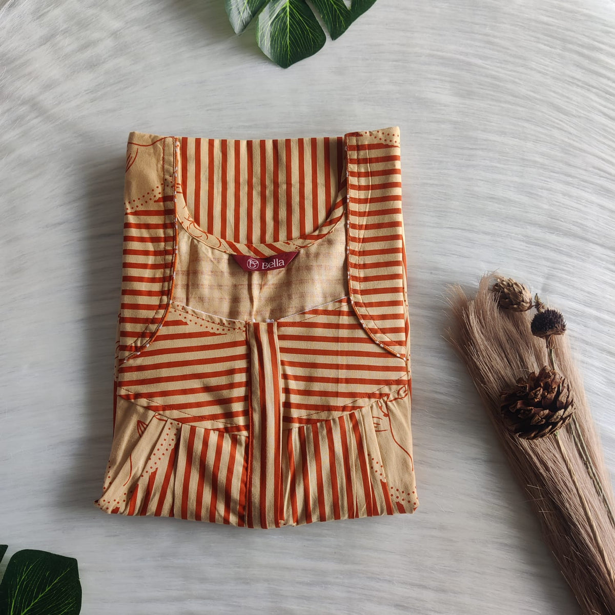 Brown Stripes Printed Premium Cotton Pleated Zip Nighty | Free Size | Chest Width 44″| Length 54″-55″