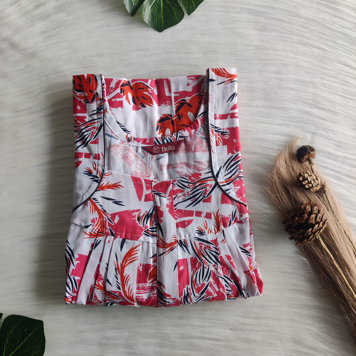 Pink And White Printed Premium Cotton Pleated Zip Nighty | Free Size | Chest Width 44″| Length 54″-55″