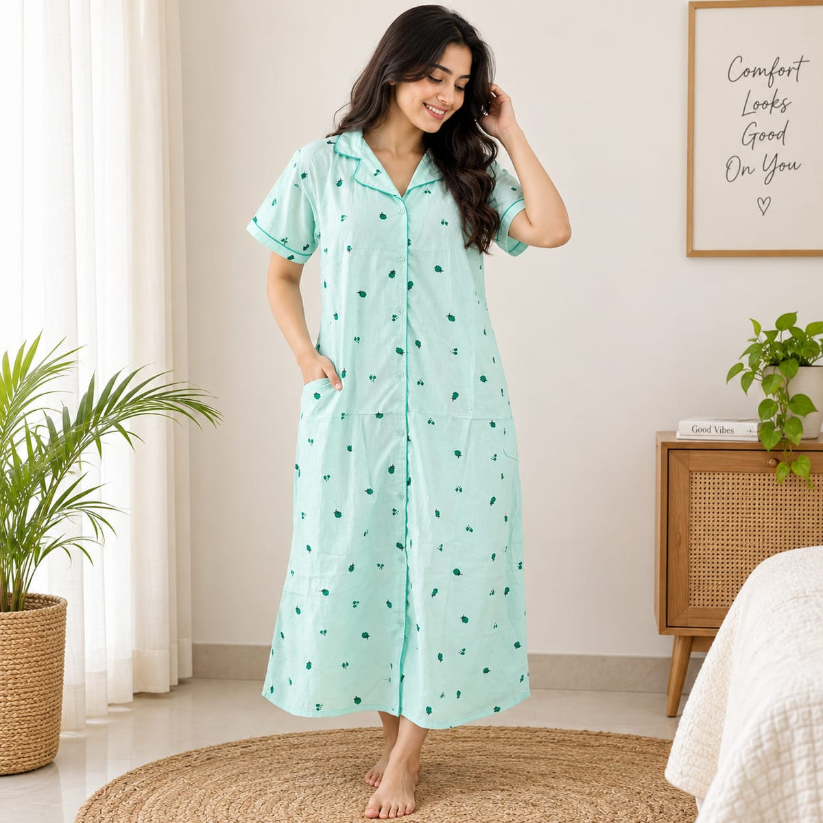 Pastel Green Floral Printed Pure Cotton Full Open Long Polo Shirt Dress | Side Pocket | Free Size | Chest Width 44″| Length 44″