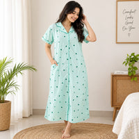 Pastel Green Floral Printed Pure Cotton Full Open Long Polo Shirt Dress | Side Pocket | Free Size | Chest Width 44″| Length 44″