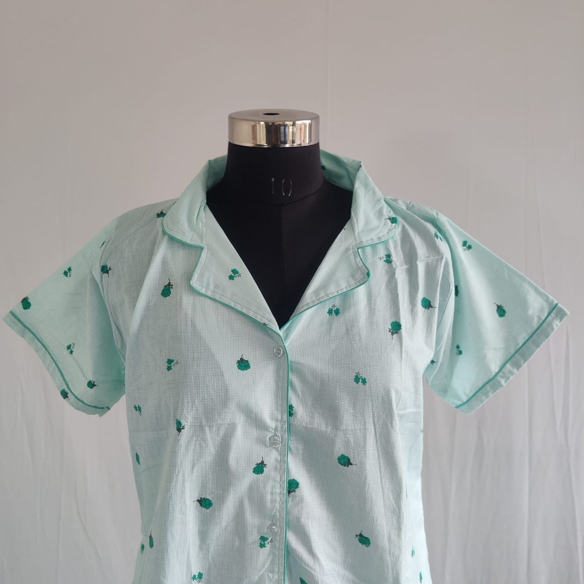 Pastel Green Floral Printed Pure Cotton Full Open Long Polo Shirt Dress | Side Pocket | Free Size | Chest Width 44″| Length 44″