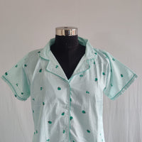 Pastel Green Floral Printed Pure Cotton Full Open Long Polo Shirt Dress | Side Pocket | Free Size | Chest Width 44″| Length 44″