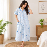 Blue Floral Printed Pure Cotton Full Open Long Polo Shirt Dress | Side Pocket | Free Size | Chest Width 44″| Length 44″