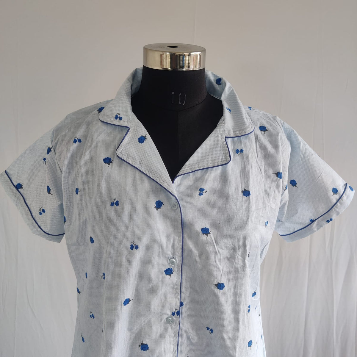 Blue Floral Printed Pure Cotton Full Open Long Polo Shirt Dress | Side Pocket | Free Size | Chest Width 44″| Length 44″