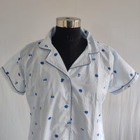 Blue Floral Printed Pure Cotton Full Open Long Polo Shirt Dress | Side Pocket | Free Size | Chest Width 44″| Length 44″
