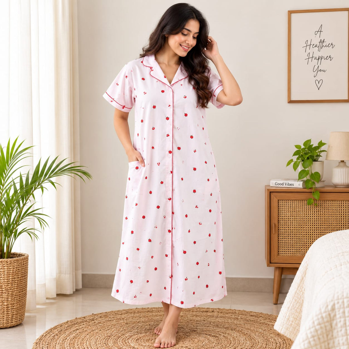 Pink Floral Printed Pure Cotton Full Open Long Polo Shirt Dress | Side Pocket | Free Size | Chest Width 44″| Length 44″