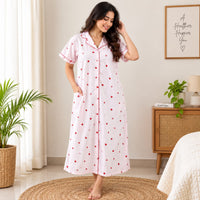 Pink Floral Printed Pure Cotton Full Open Long Polo Shirt Dress | Side Pocket | Free Size | Chest Width 44″| Length 44″
