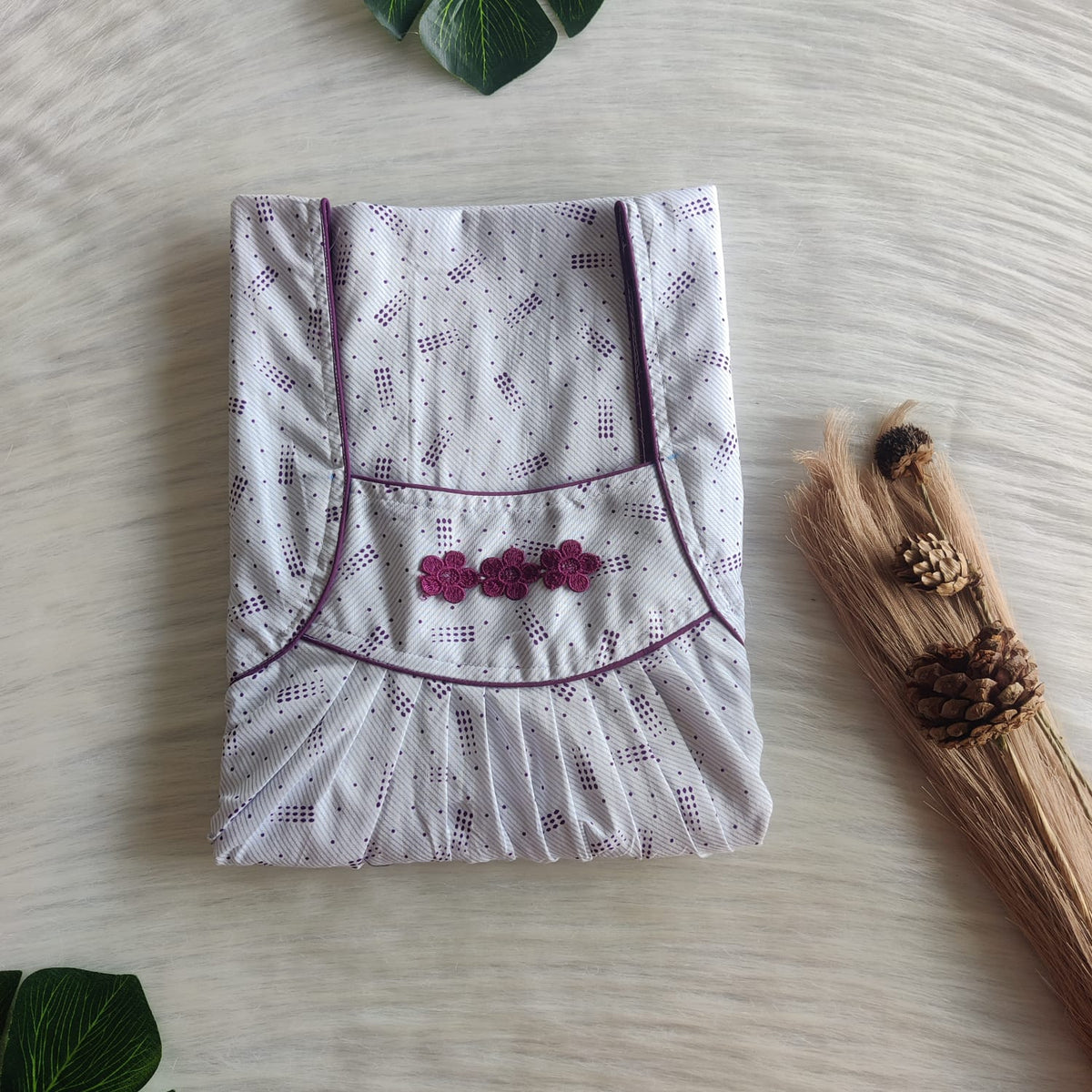 Wine Dot Printed White Premium Cotton Three Flower Nighty |Free Size | Chest Width 44"| Length 54"-55"