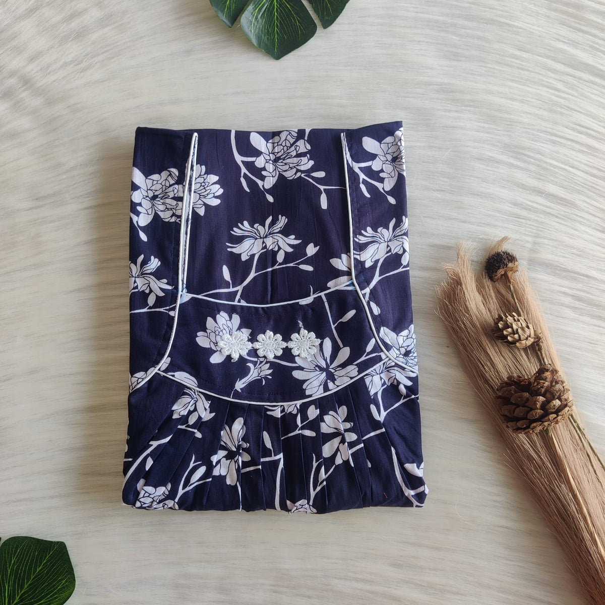 White Floral Printed Navy Blue Premium Cotton Three Flower Nighty |Free Size | Chest Width 44"| Length 54"-55"