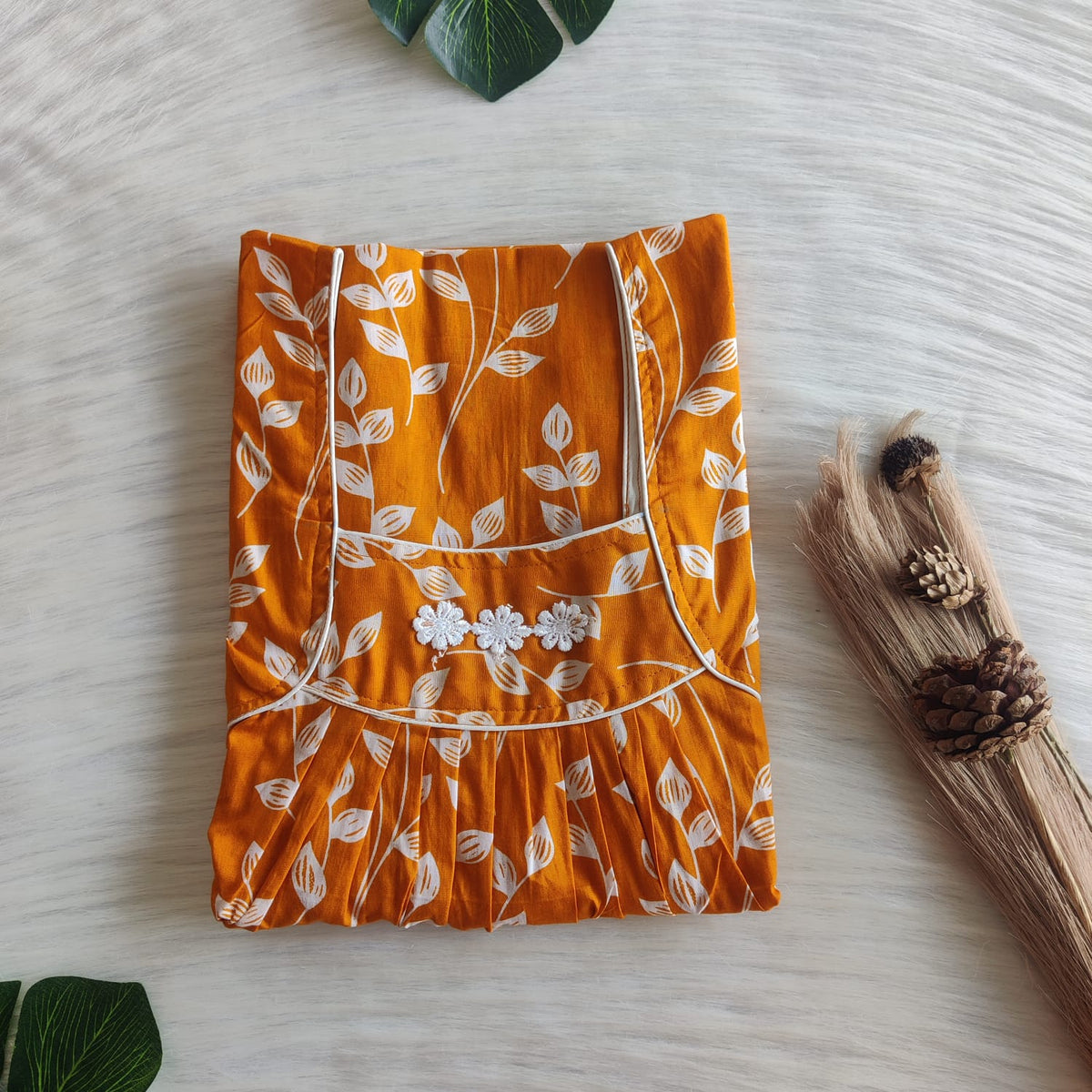 Marigold Orange Leaf Printed Premium Cotton Three Flower Nighty |Free Size | Chest Width 44"| Length 54"-55"