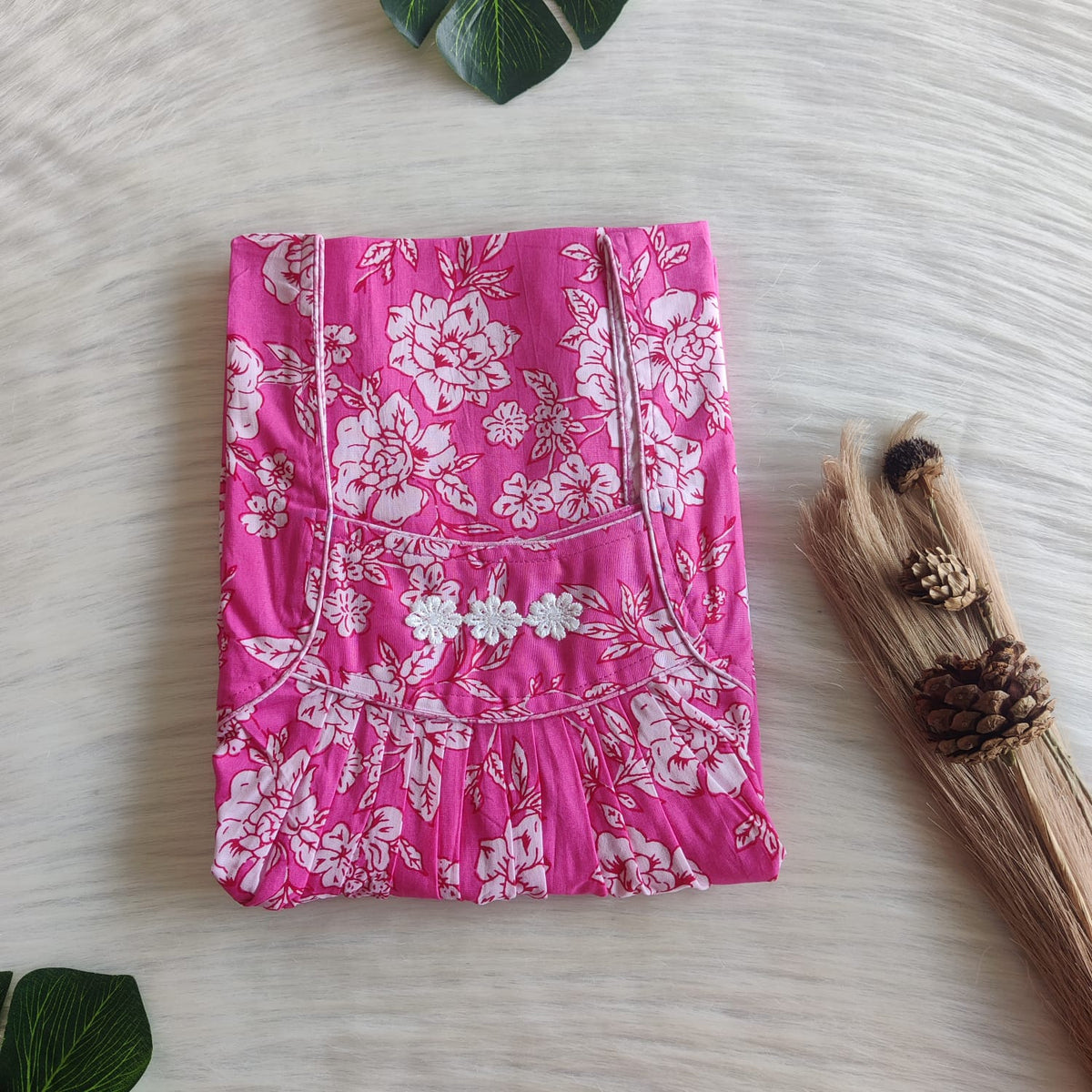 White Floral Printed Pink Premium Cotton Three Flower Nighty |Free Size | Chest Width 44"| Length 54"-55"