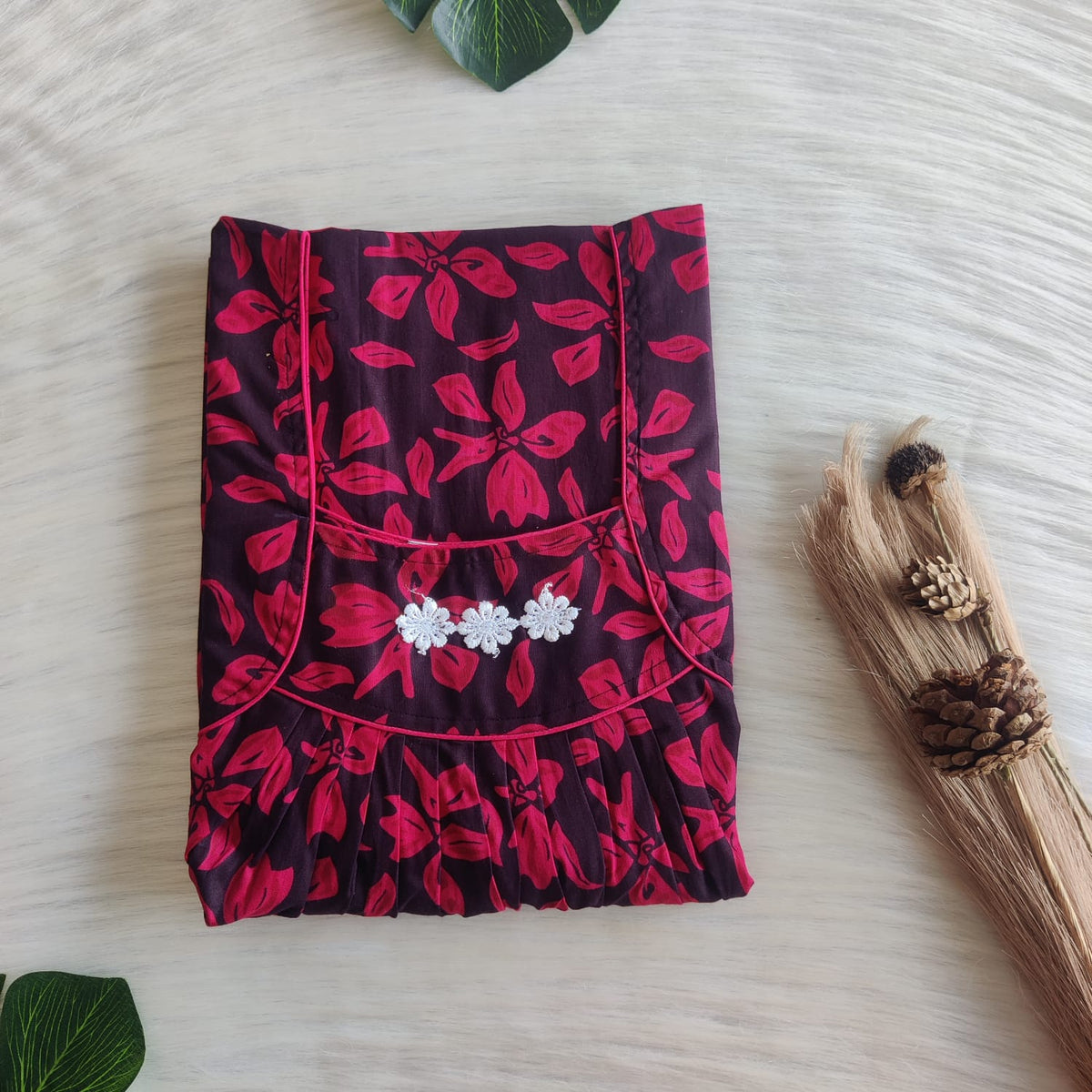 Pink Floral Printed Premium Cotton Three Flower Nighty |Free Size | Chest Width 44"| Length 54"-55"