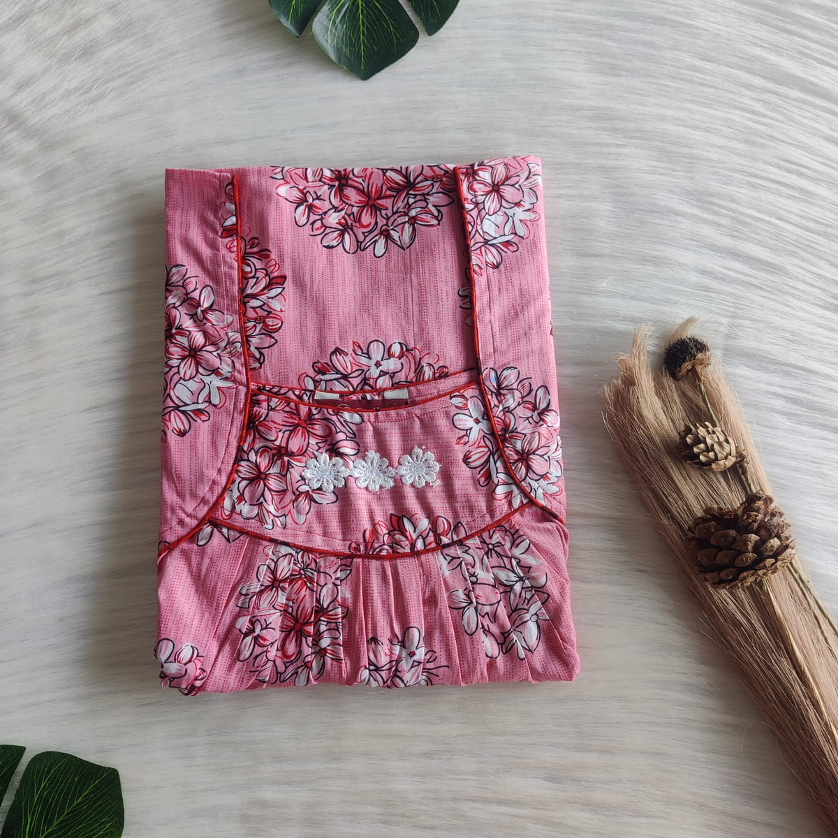 Peach Floral Printed Premium Cotton Three Flower Nighty |Free Size | Chest Width 44"| Length 54"-55"