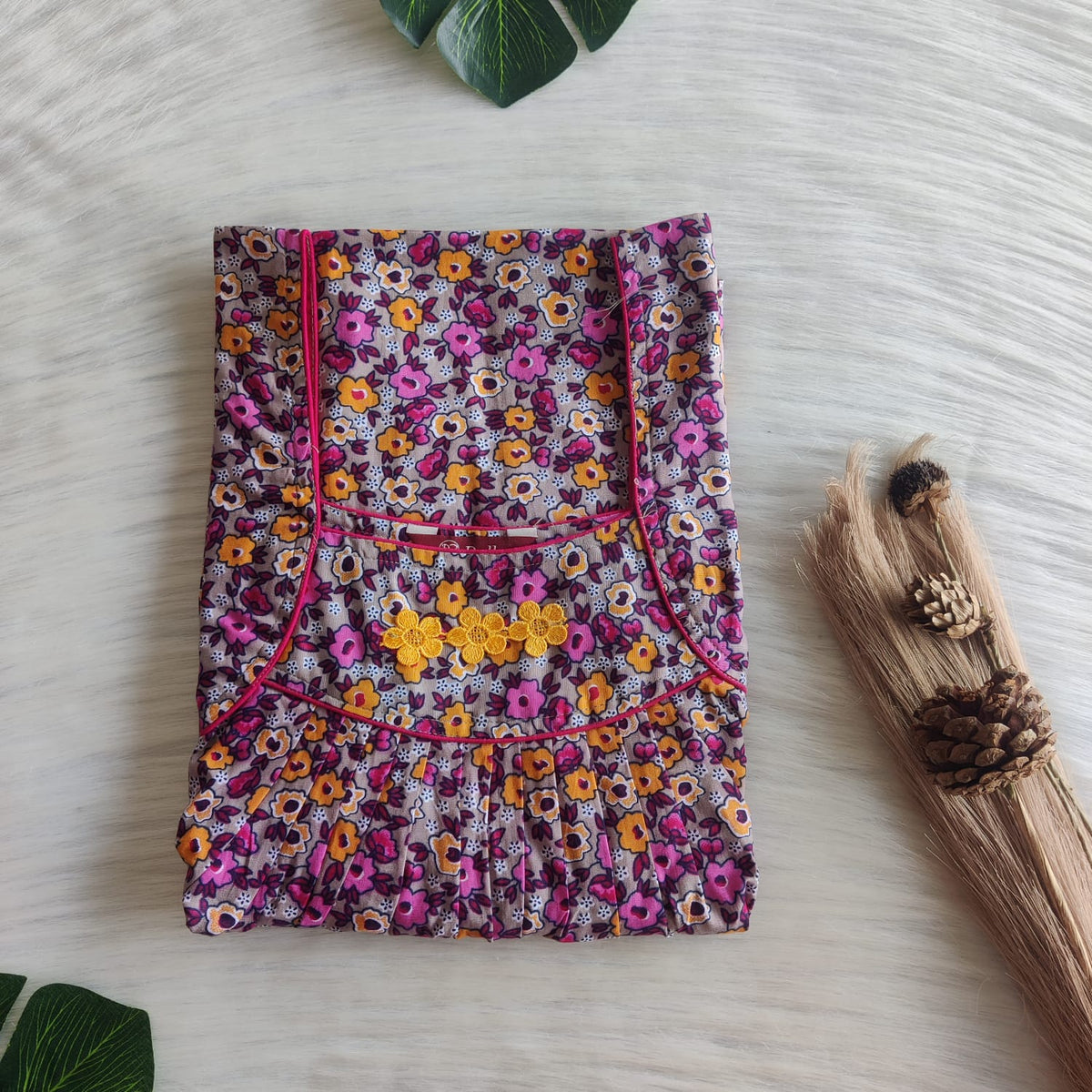 Pink And Yellow Floral Printed Premium Cotton Three Flower Nighty |Free Size | Chest Width 44"| Length 54"-55"