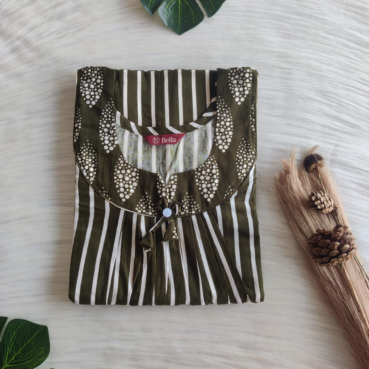 Green And White Stripes Printed Premium Cotton No Zip Pleated Nighty | Free Size | Chest Width 44″| Length 55″-56″