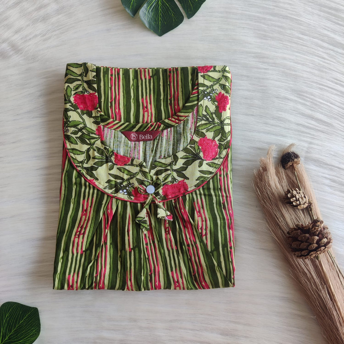 Red And Green Stripes Printed Premium Cotton No Zip Pleated Nighty | Free Size | Chest Width 44″| Length 55″-56″
