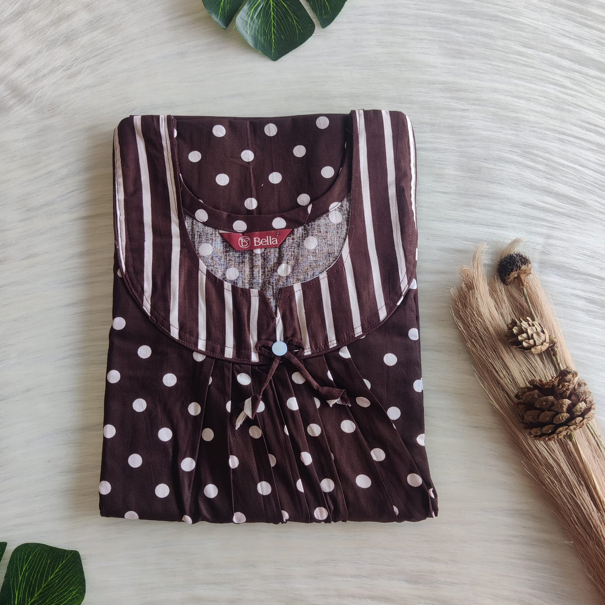 Chocolate Brown And White Dot Printed Premium Cotton No Zip Pleated Nighty | Free Size | Chest Width 44″| Length 55″-56″
