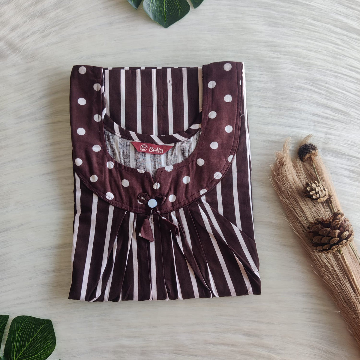 White And Chocolate Brown Stripes Printed Premium Cotton No Zip Pleated Nighty | Free Size | Chest Width 44″| Length 55″-56″
