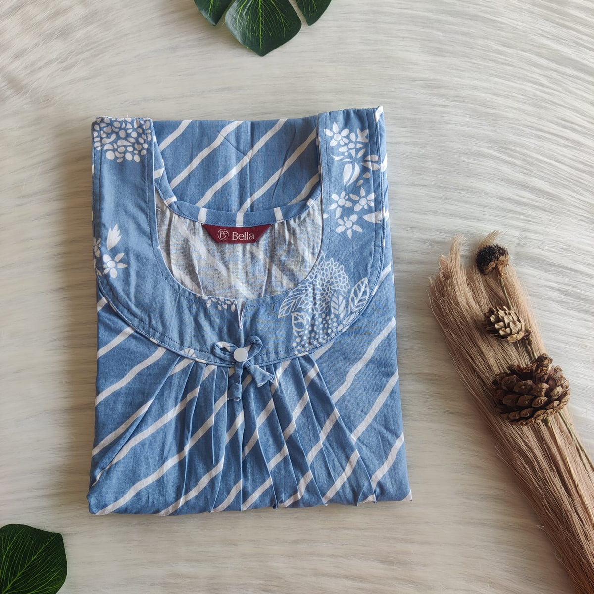 Blue And White Stripes Printed Premium Cotton No Zip Pleated Nighty | Free Size | Chest Width 44″| Length 55″-56″