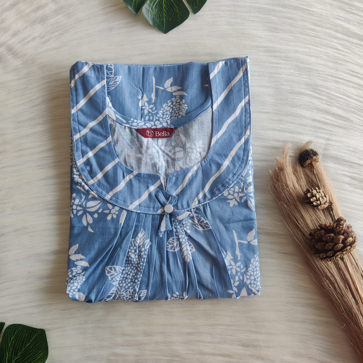 White And Blue Floral Printed Premium Cotton No Zip Pleated Nighty | Free Size | Chest Width 44″| Length 55″-56″
