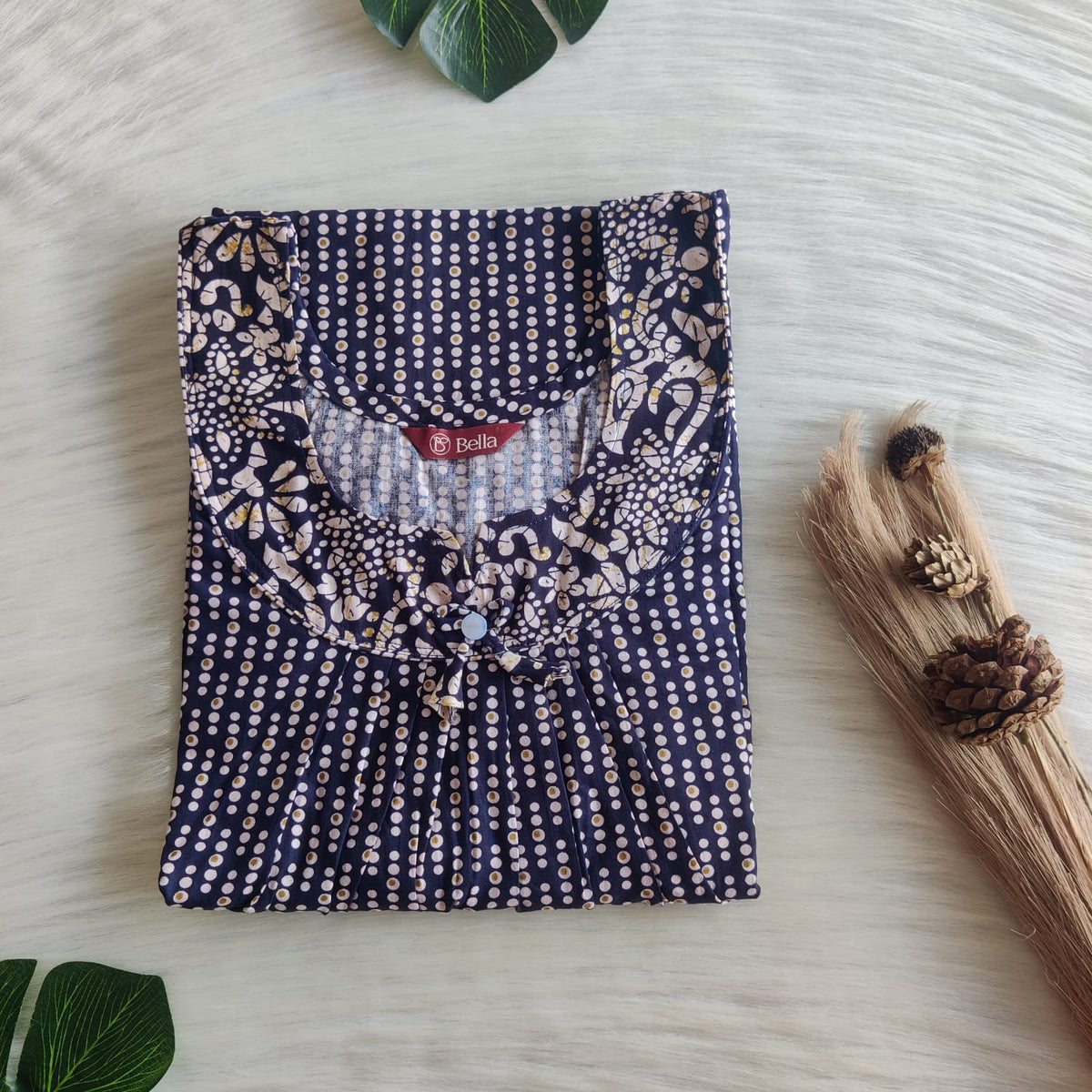 Cream And Navy Blue Dot Printed Premium Cotton No Zip Pleated Nighty | Free Size | Chest Width 44″| Length 55″-56″