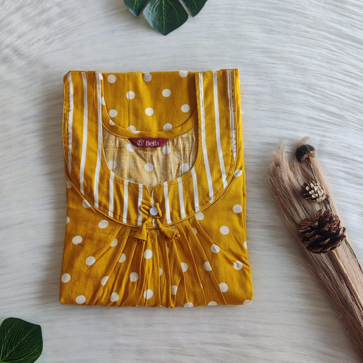 White And Mustard Yellow Dot Printed Premium Cotton No Zip Pleated Nighty | Free Size | Chest Width 44″| Length 55″-56″